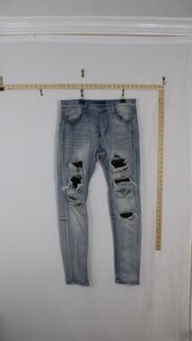 KDNK Men 32 Skinny Jeans Light Wash Distressed Ripped Stretch Denim Streetwear